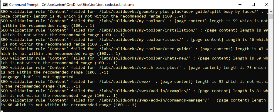 SEO validation warnings displayed to the console